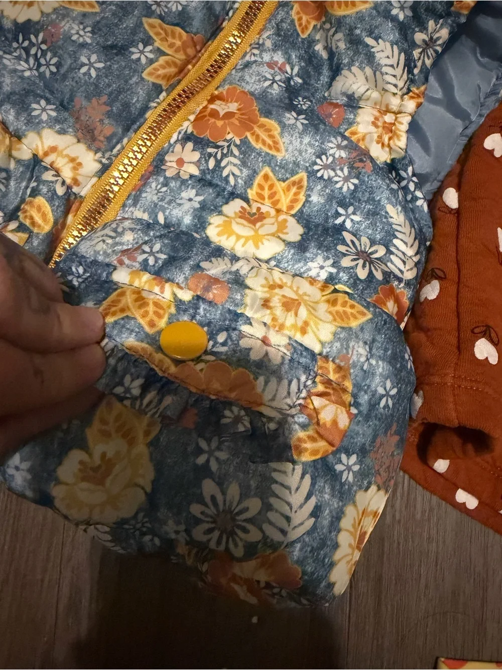 Girls' Blue Floral Puffer Jacket with Faux Fur Hood & Orange Heart Vest- 12 mth